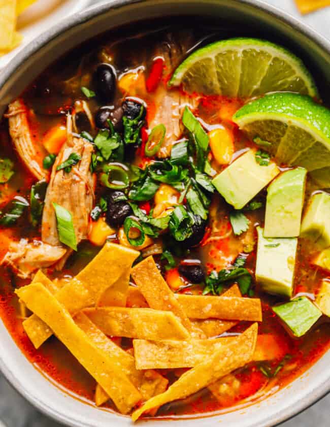close up on a bowl of chicken tortilla soup