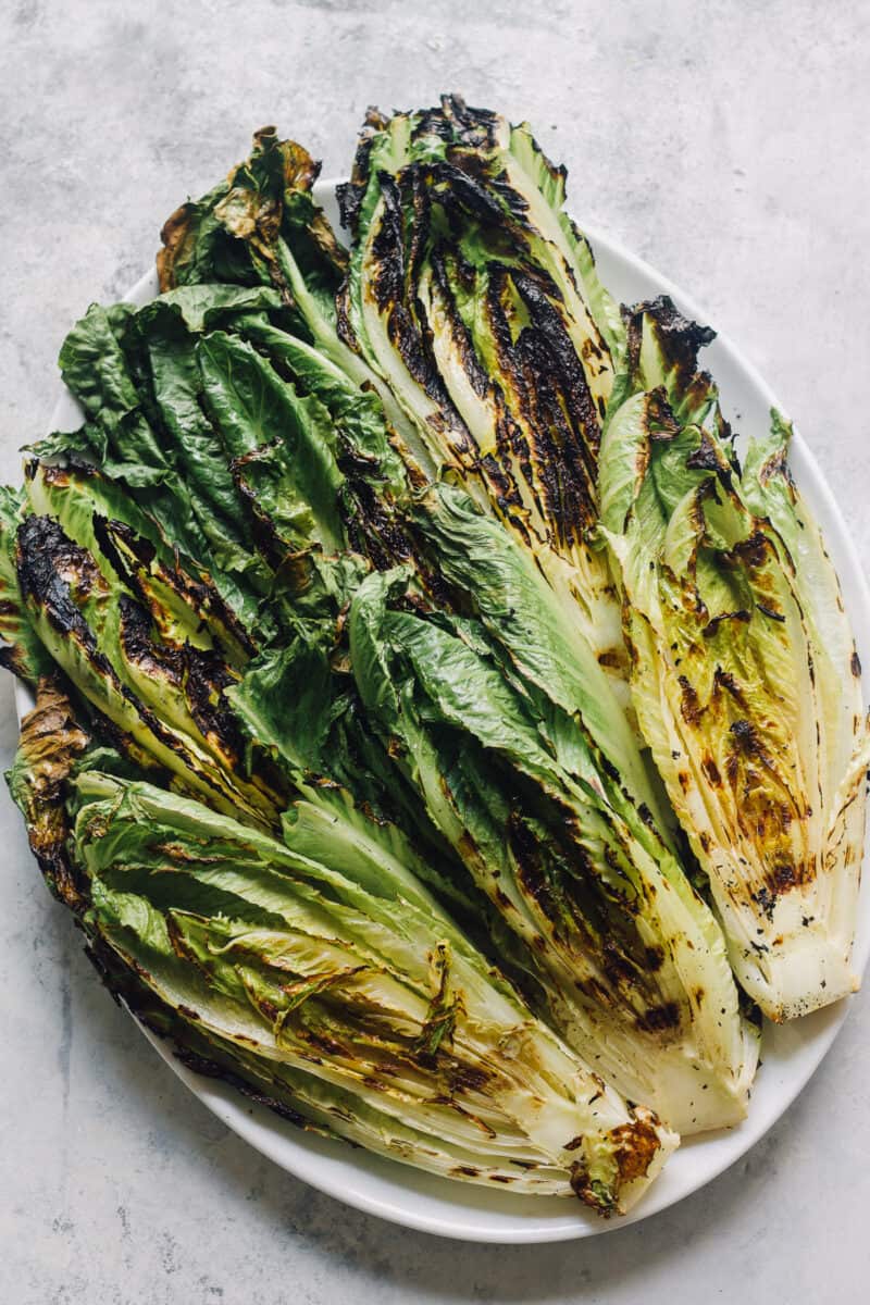 a plate of grilled romaine lettuce