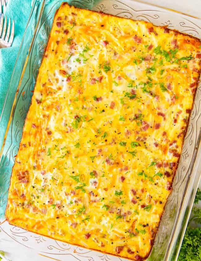 ham and cheese breakfast casserole in a casserole dish.