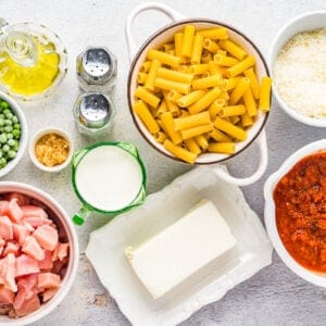 overhead view of ingredients for chicken rigatoni.