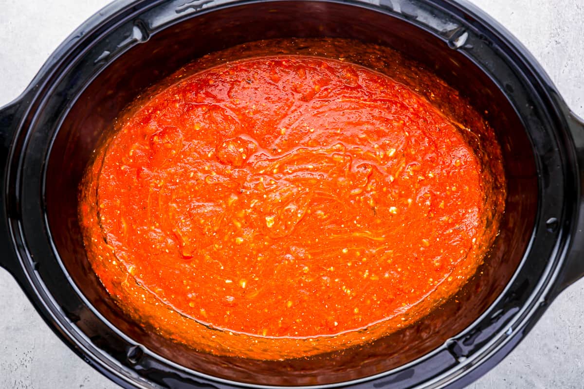 Chicken spaghetti sauce in a Crockpot.
