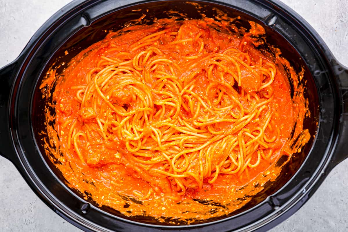 Chicken spaghetti in a Crockpot.