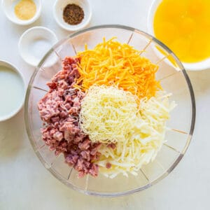 overhead view of ingredients for ham and cheese breakfast casserole.