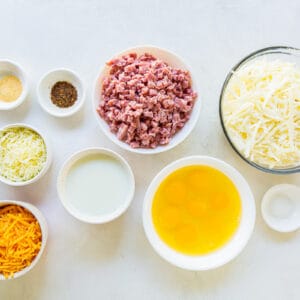 overhead view of ingredients to make ham and cheese breakfast casserole.