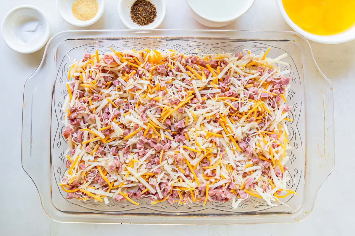 Ham and cheese in a casserole dish.