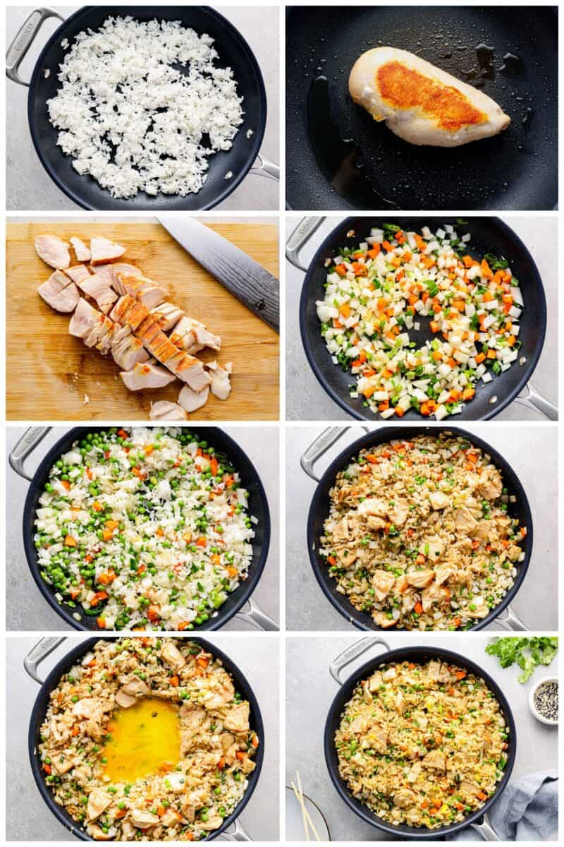 series of step by step photos showing how to make chicken fried rice