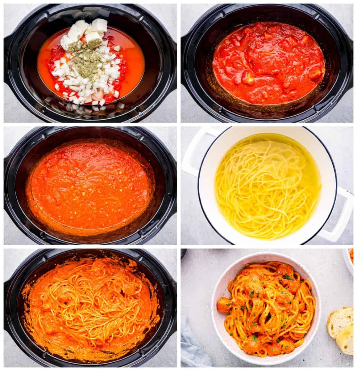 step by step photos for how to make crockpot chicken spaghetti.