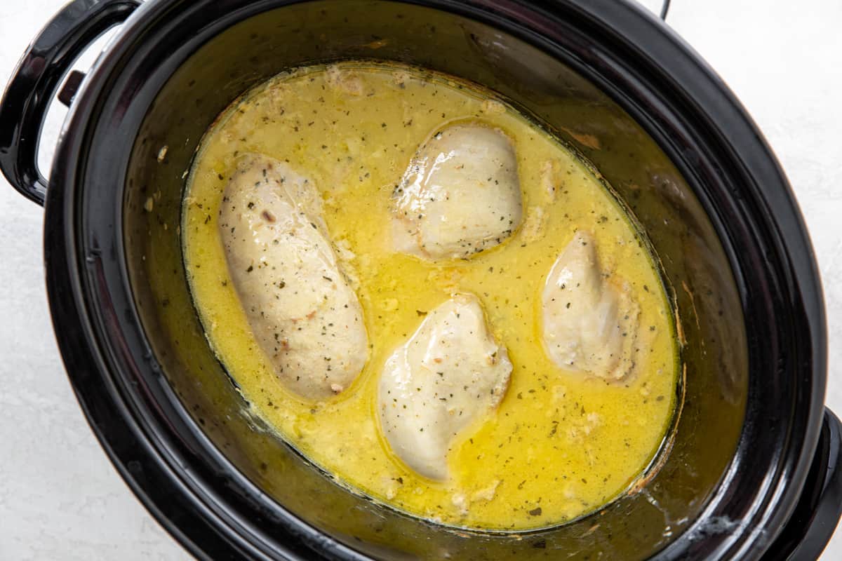 Creamy ranch chicken in a slow cooker.
