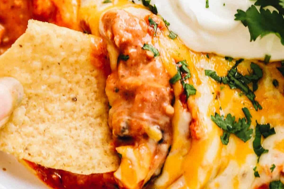 closeup of a chip scooping chicken enchilada dip from a container.