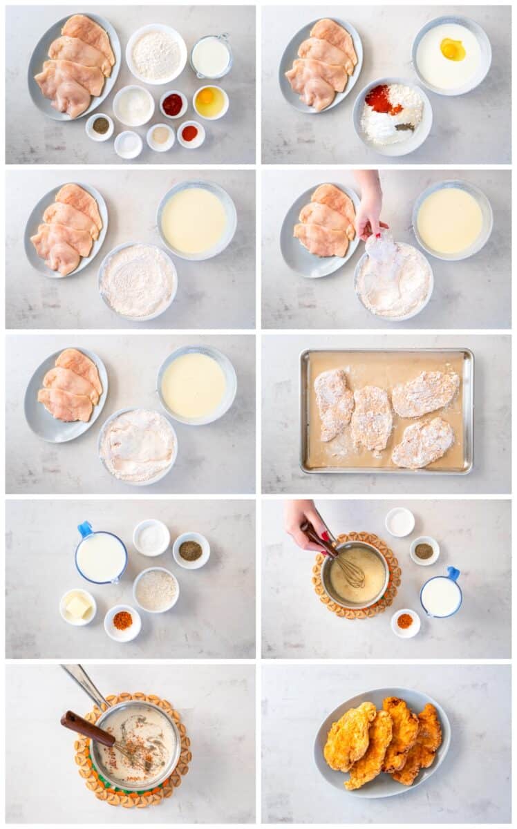 how to make country fried chicken and gravy step by step photo collage
