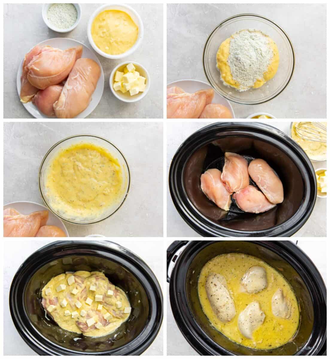 how to make crockpot ranch chicken step by step photo collage