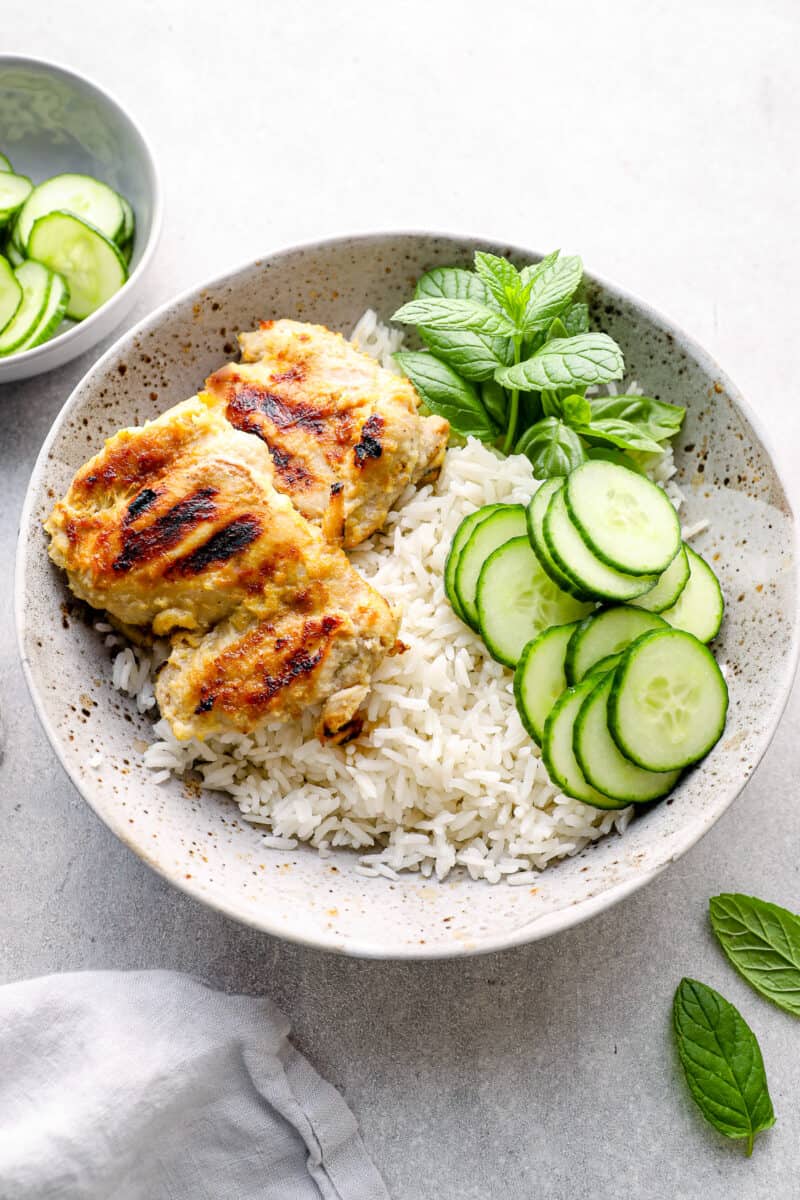 Vietnamese chicken with rice and cucumbers