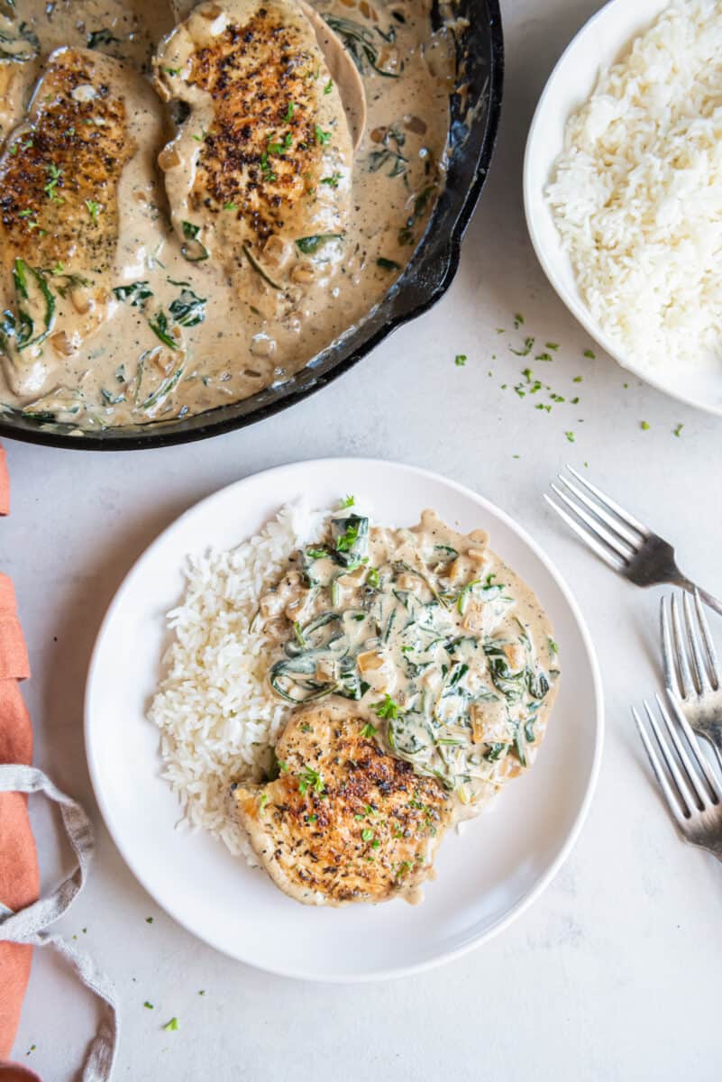 creamy chicken skillet plated with white rice