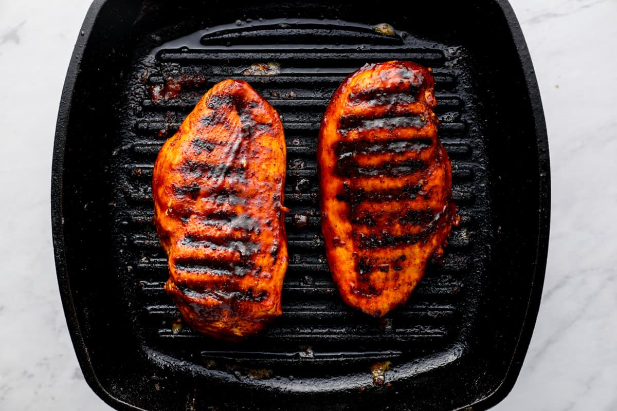 bbq chicken breasts on a grill pan