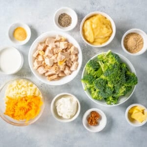 chicken divan ingredients arranged in bowls