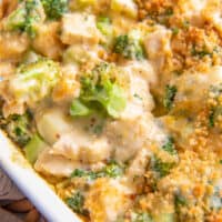 Close Up on Chicken Divan, daughter with broccoli, chicken, and breadcrumbs