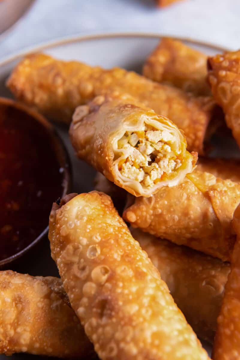 close up on fried chicken egg rolls