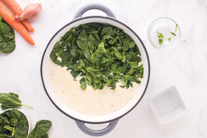 creamy soup topped with spinach in a pot