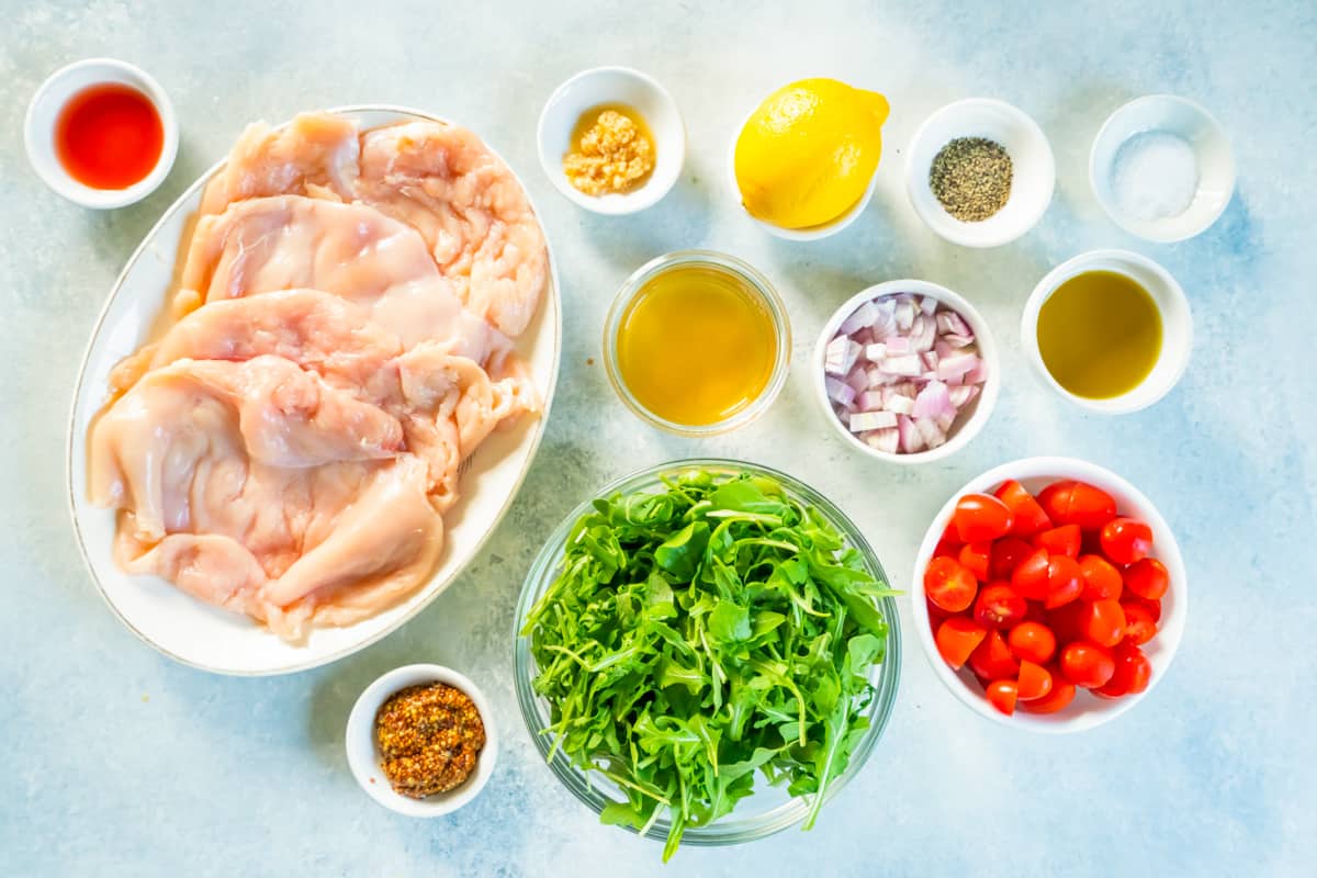 chicken paillard ingredients arranged in bowls
