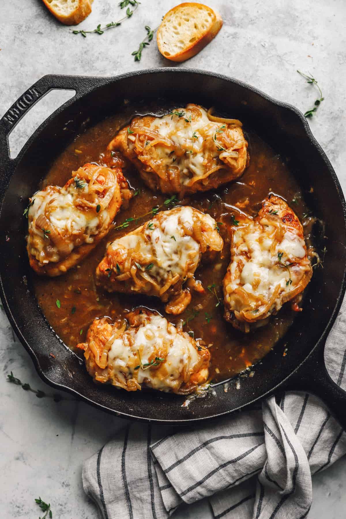 French onion chicken in a cast iron skillet