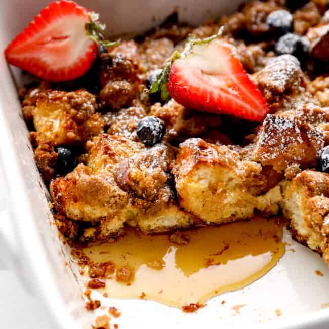 French toast casserole in a white dish