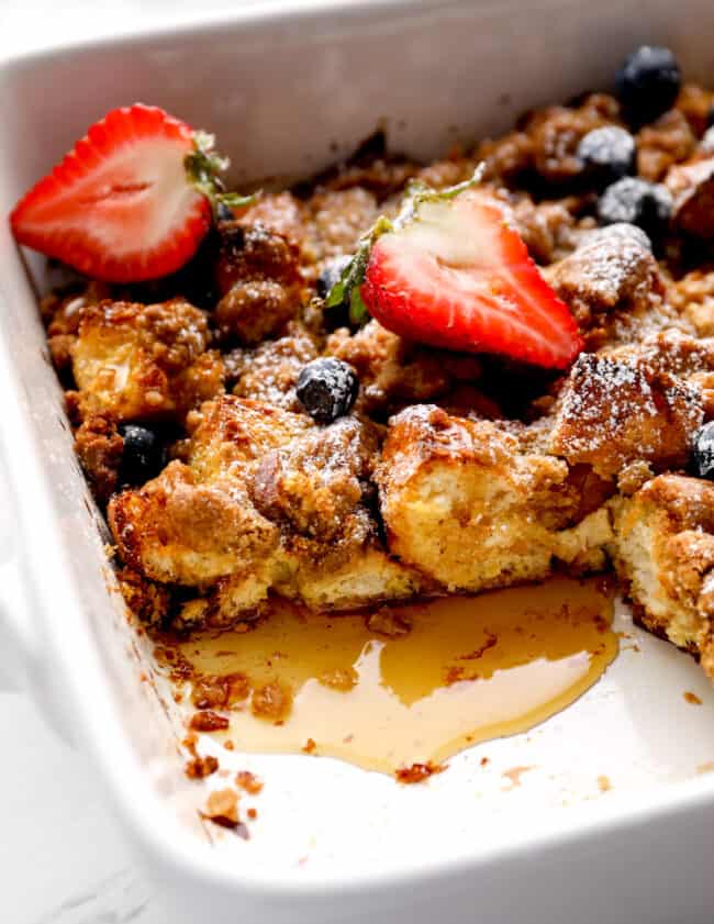 French toast casserole in a white dish