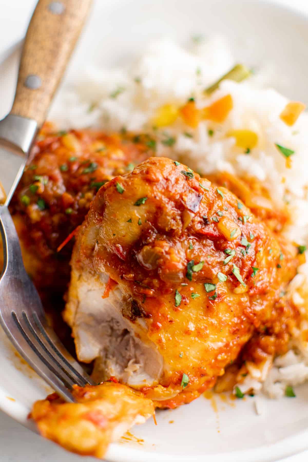 close up on a piece of harissa chicken