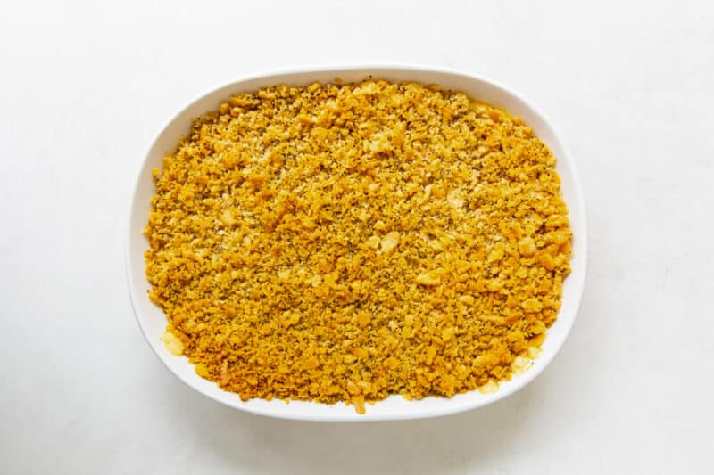 overhead view of the casserole topped with breadcrumbs