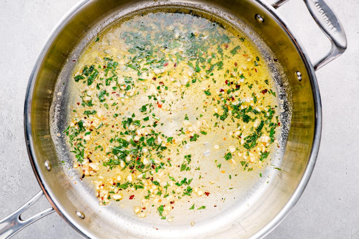 garlic butter mixture in a skillet