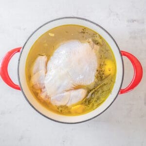 whole chicken submerged in a large pot filled with brine