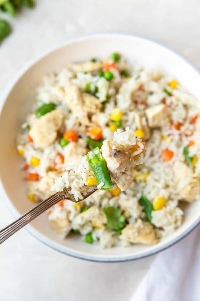 forkful of chicken and rice above a bowl