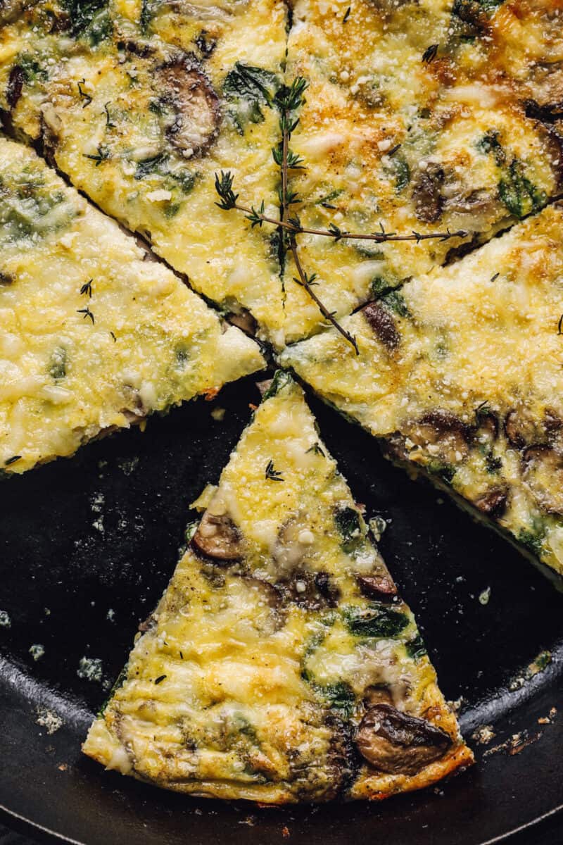 close up on a baked frittata cut into slices
