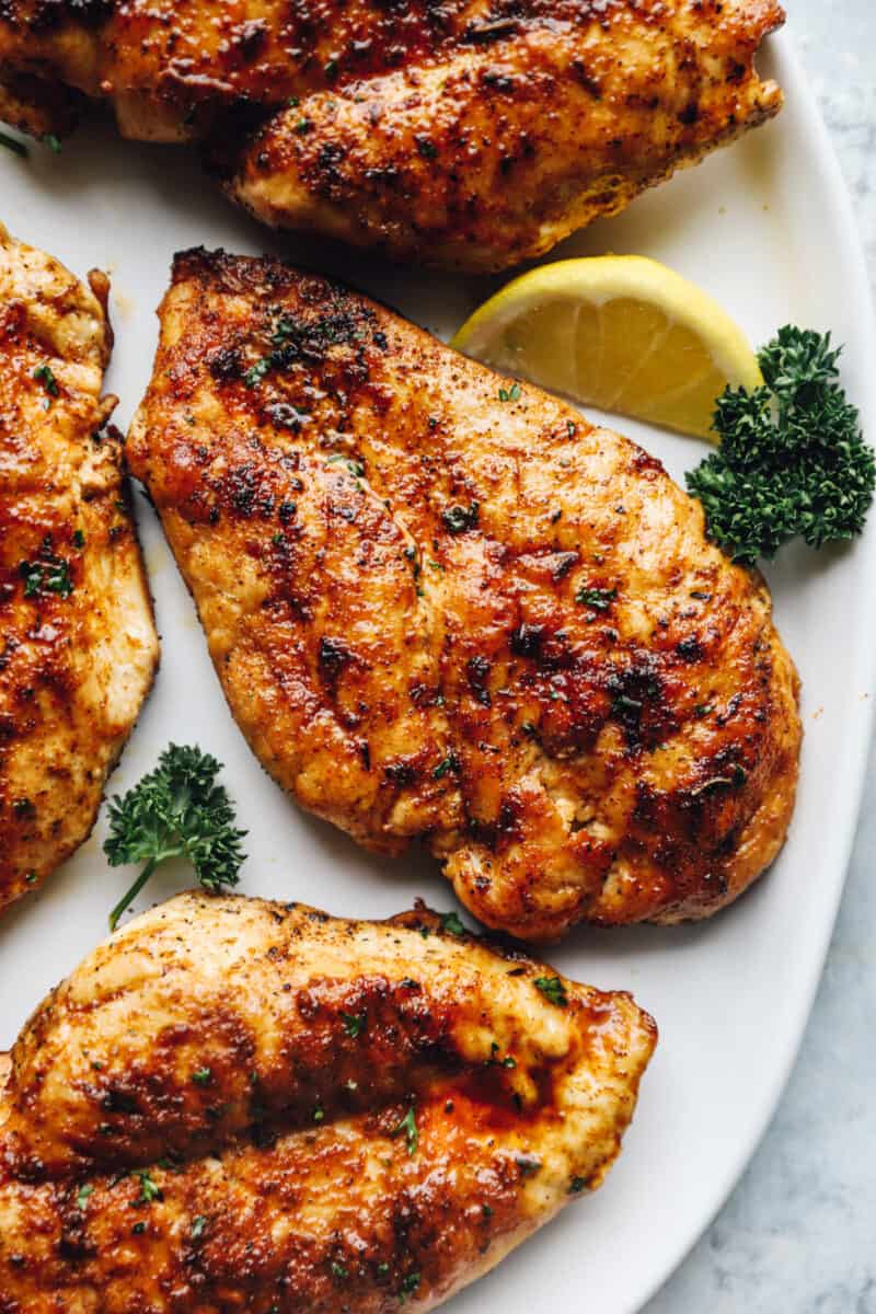 close up on pan seared chicken breasts