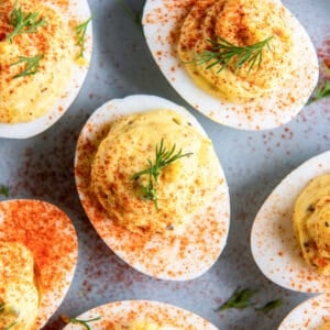 overhead view of a plate of deviled eggs