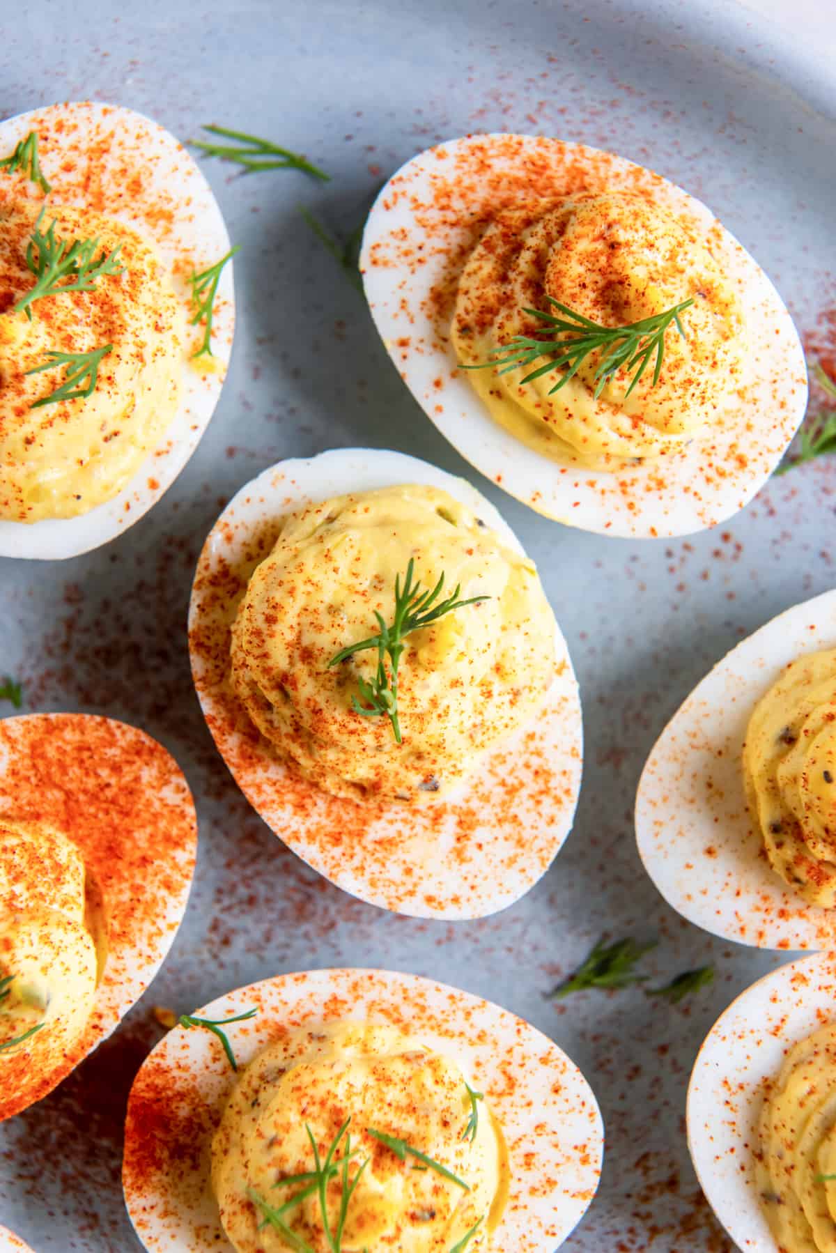 overhead view of a plate of deviled eggs