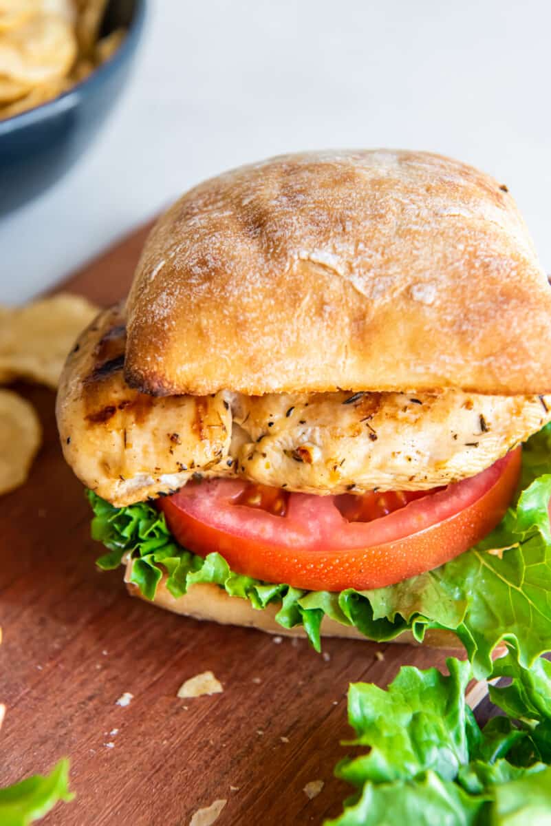 close up on a grilled chicken sandwich