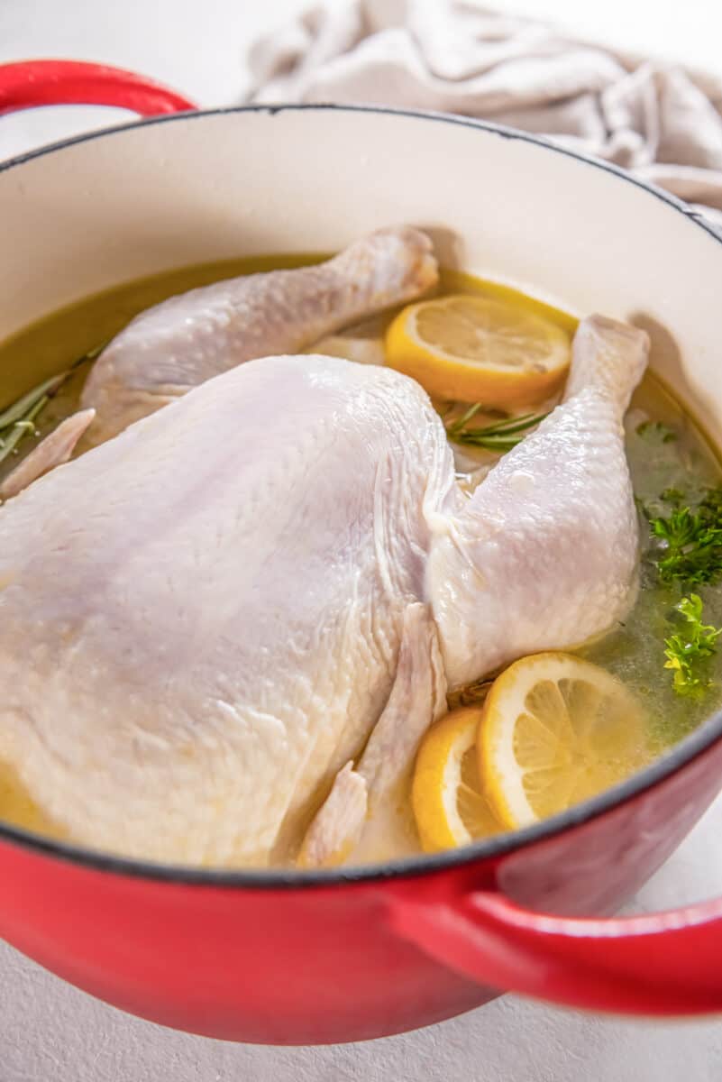 whole chicken brining in a pot