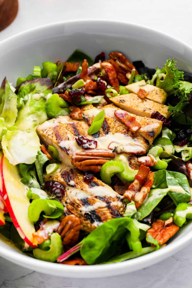 fall harvest salad filled with greens, chicken, walnuts, apple slices, and more