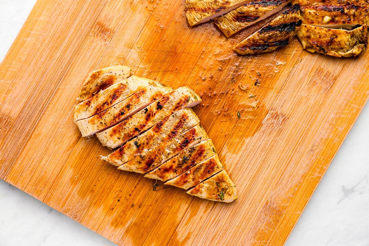grilled chicken breast cut into strips.