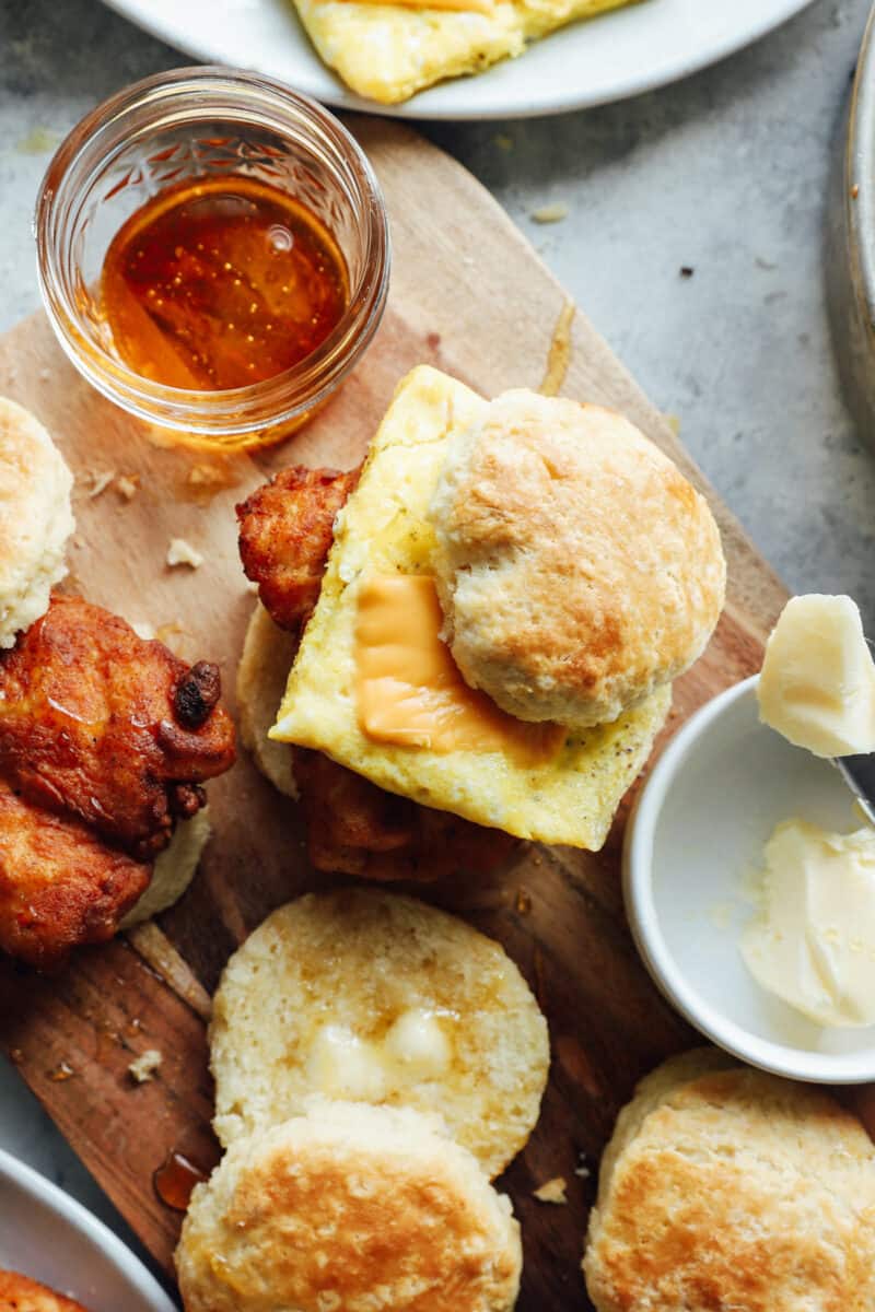 chicken breakfast sandwiches on a cutting board