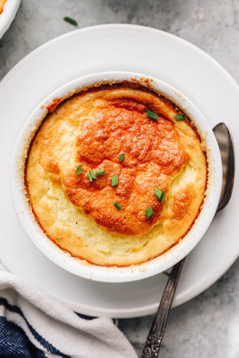 close up on a ham and cheese egg souffle