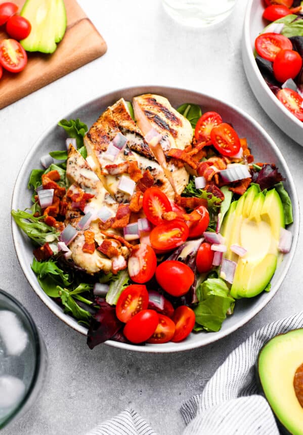 honey mustard chicken salad in a white bowl.