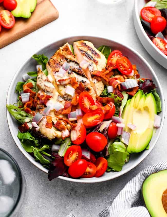 honey mustard chicken salad in a white bowl.