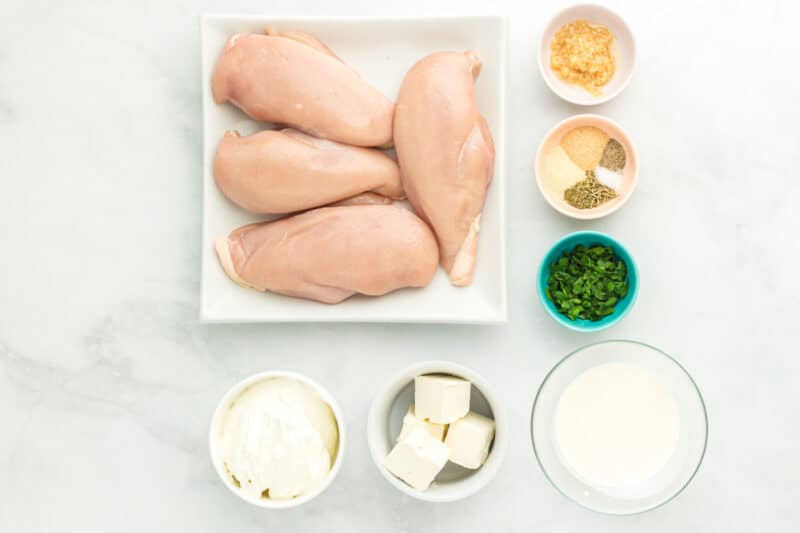 overhead view of ingredients for creamy herb chicken.