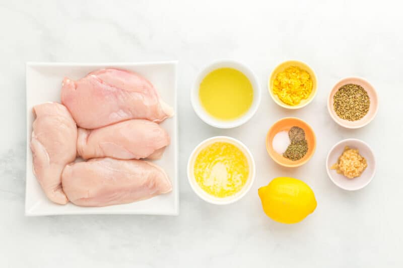 overhead view of ingredients for baked lemon butter chicken.