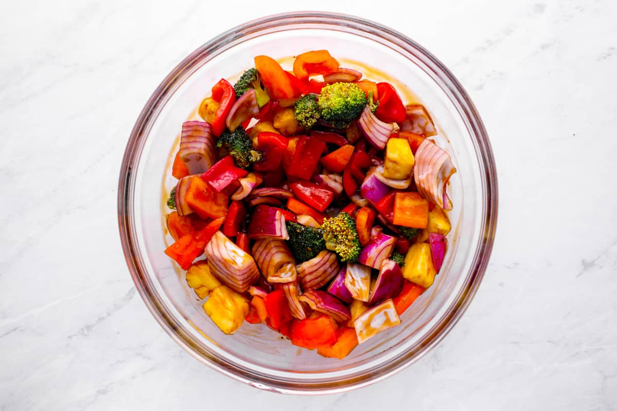 teriyaki vegetables in a mixing bowl