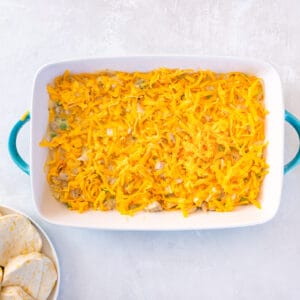 cheese on top of chicken and biscuits casserole filling in a casserole dish.
