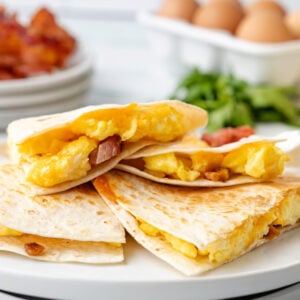 breakfast quesadillas on white plate.