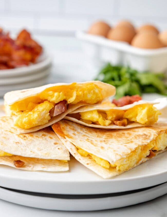 breakfast quesadillas on white plate.