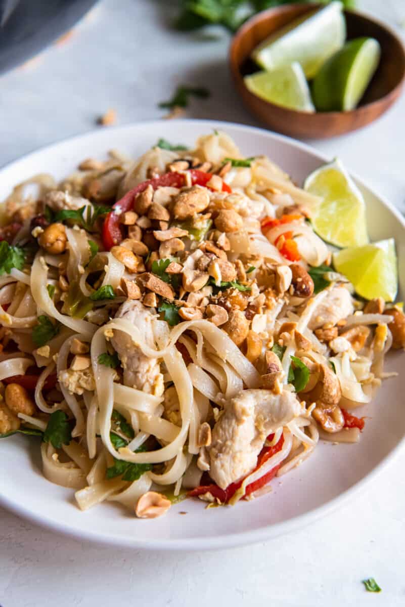chicken pad thai on a white plate.